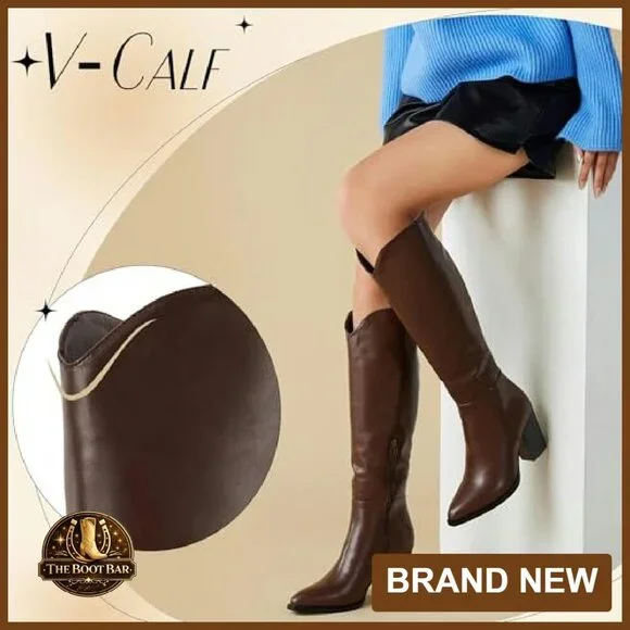 Knee High Boots Faux Leather Pointed Toe Chunky Heel Western Style - Picture 5 of 8